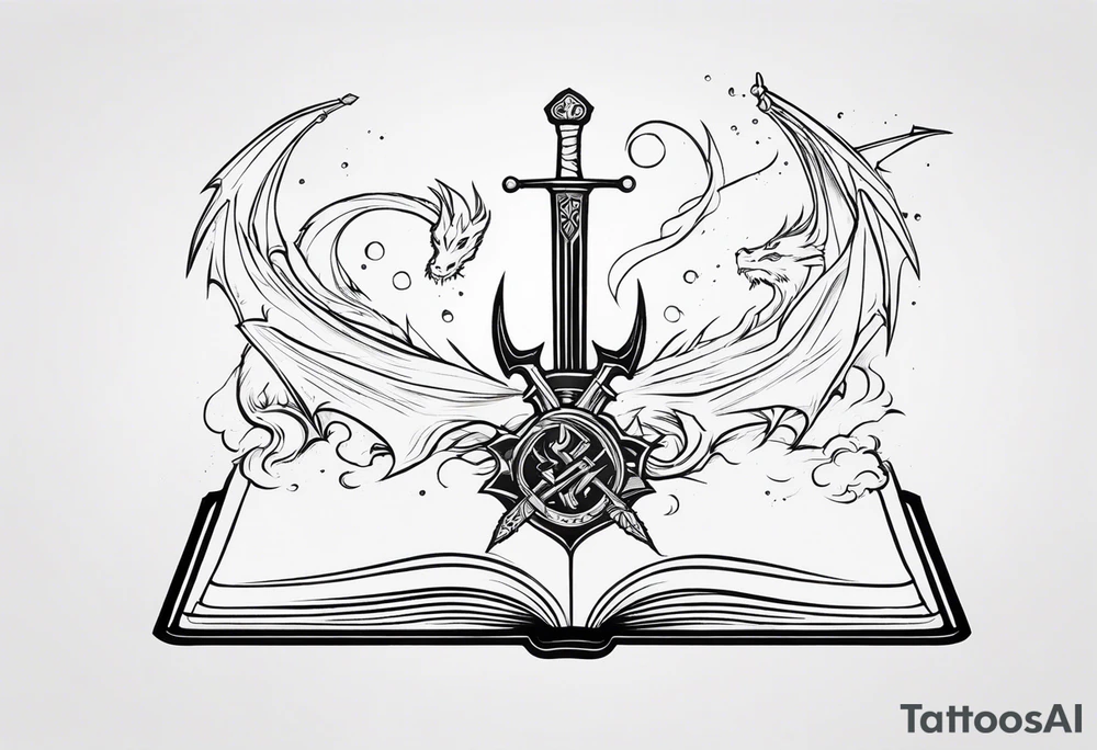 an empty open book with a sword through it, small dragons and sparks surrounding the book. small design tattoo idea