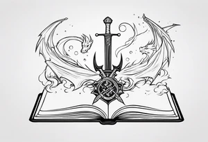 an empty open book with a sword through it, small dragons and sparks surrounding the book. small design tattoo idea