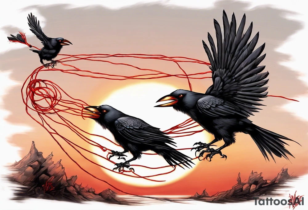 The two black crows at the end of the movie "Secret of NIHM" as they fly away into the sunset carrying some red string between them. tattoo idea