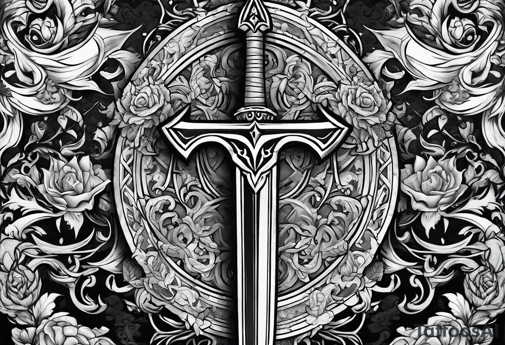 sword with satanic symbols tattoo idea
