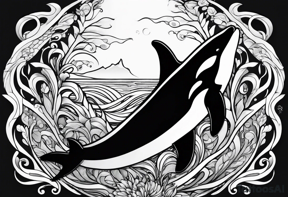 transient orca, flowing body, wrapped in kelp, smooth tattoo idea