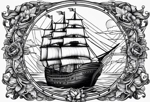 royal huge dark wooden ship 3D with sun tattoo idea