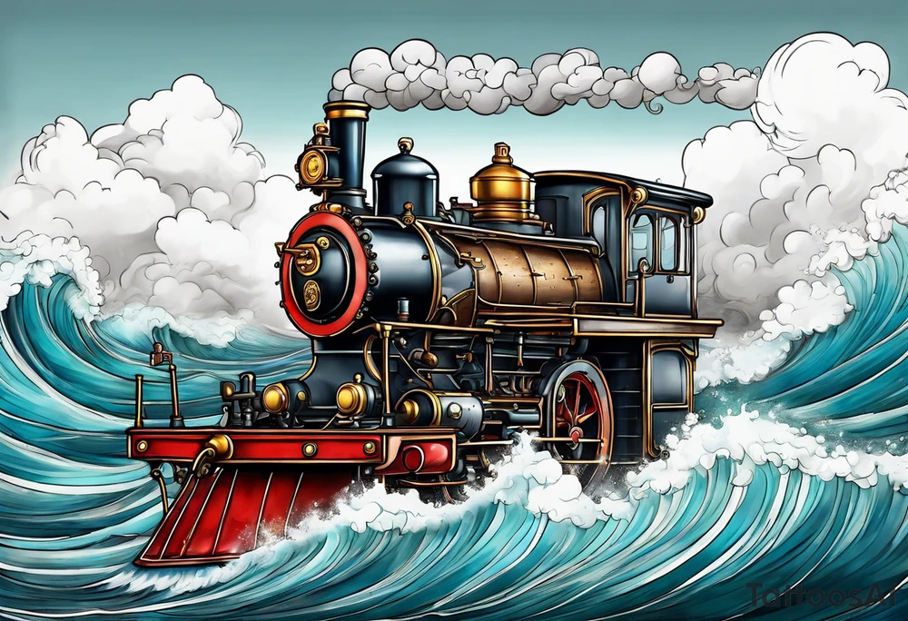 Steam engine hovering above a wild sea. tattoo idea