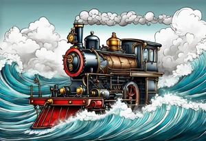 Steam engine hovering above a wild sea. tattoo idea