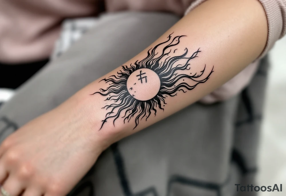 Word "phuong" written with sun inner arm tattoo idea