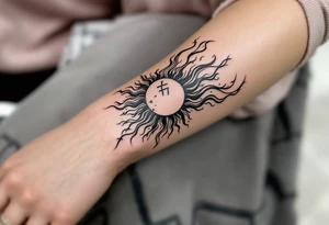 Word "phuong" written with sun inner arm tattoo idea