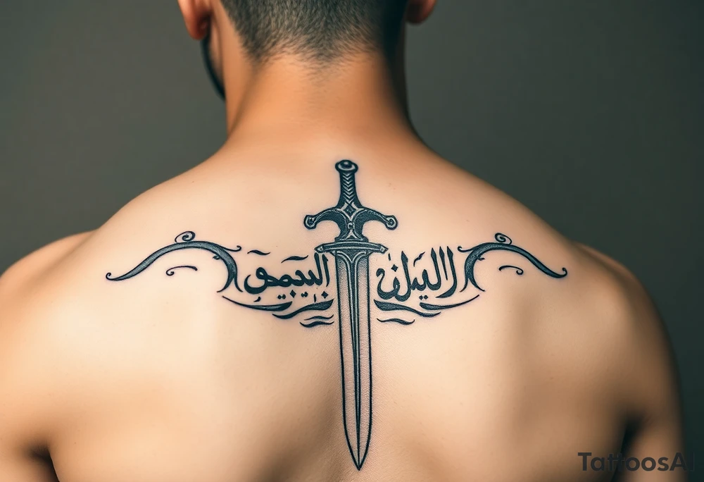 Arabian gothic style tattoo with a sword and looks middle eastern with Arabic writing  with sword going all the way down the back tattoo idea