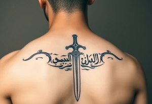 Arabian gothic style tattoo with a sword and looks middle eastern with Arabic writing  with sword going all the way down the back tattoo idea
