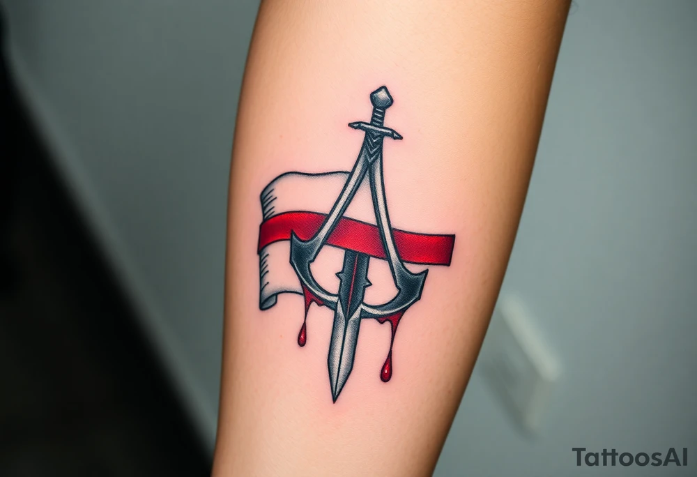 Assassins Creed with English flag and a sword with blood, no words tattoo idea