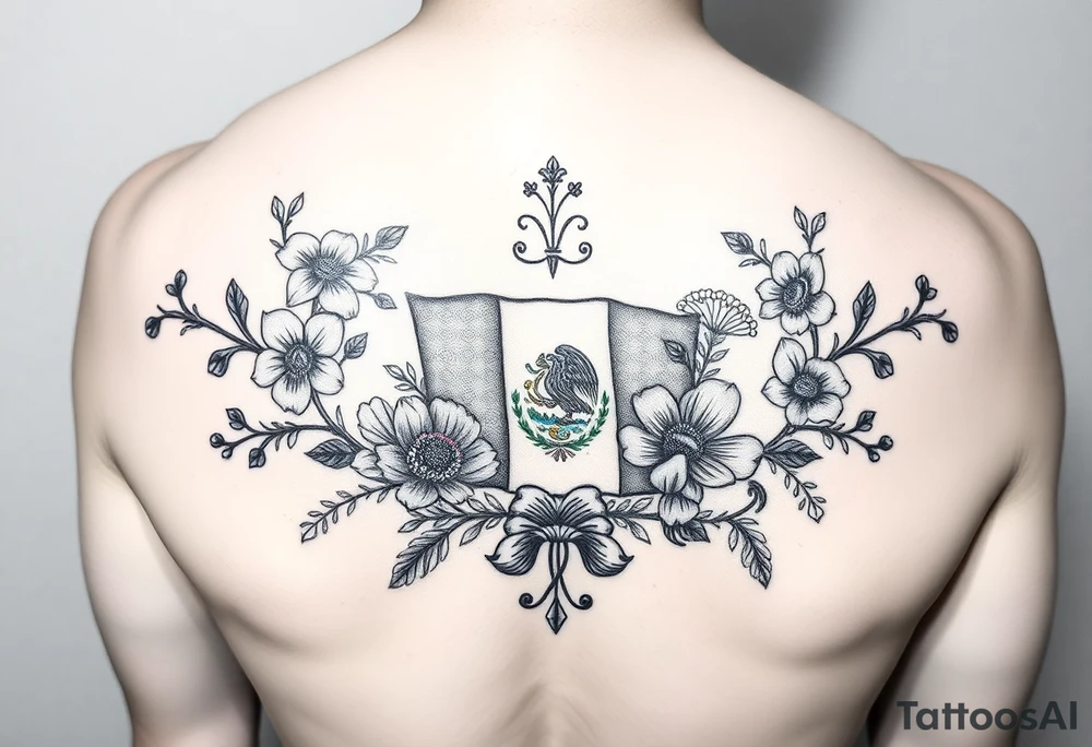 Small, feminine tattoo for placement on my clavical or lower back that reflects new life journey, delicate florals, ornaments and vines. Include Mexican flag and images of Mexican flowers. Style as if painted on a Mexican tile and include red, green and blue accents. tattoo idea