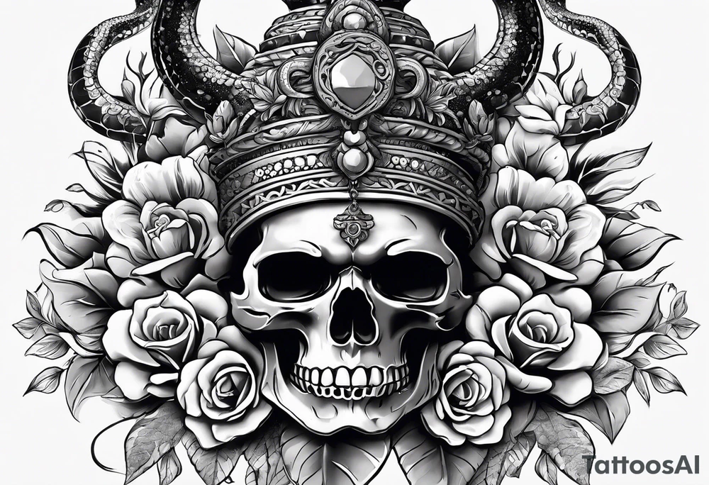 5. A combination of skulls and flowers on the upper arm, with Mahadev's face on the forearm, and a serpent or snake (representing rebirth) wrapping around the arm. tattoo idea