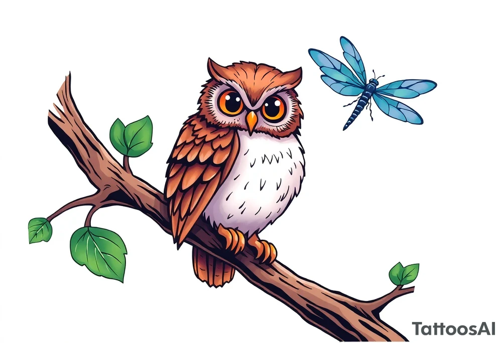 Owl perched on a tree branch, dragonfly in the background tattoo idea