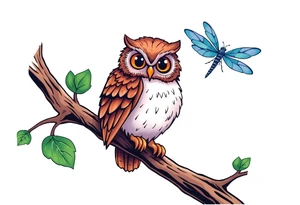 Owl perched on a tree branch, dragonfly in the background tattoo idea