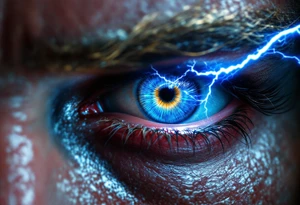 A close-up of Thor’s eye with lightning striking through the iris, in hyper-realism with bright blue and white highlights. tattoo idea