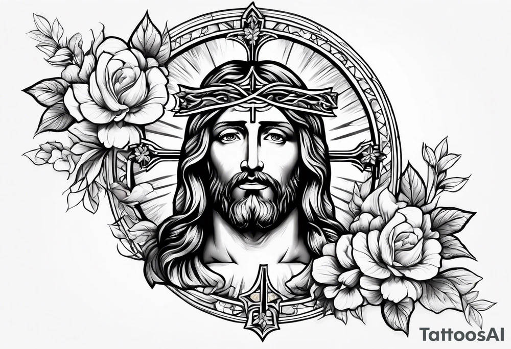 Jesus head with flowers and cross with light shining on him tattoo idea