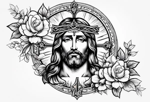 Jesus head with flowers and cross with light shining on him tattoo idea