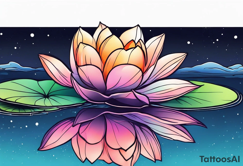 Single Vibrant colorful lotus flower on the pond with the night sky in the background tattoo idea