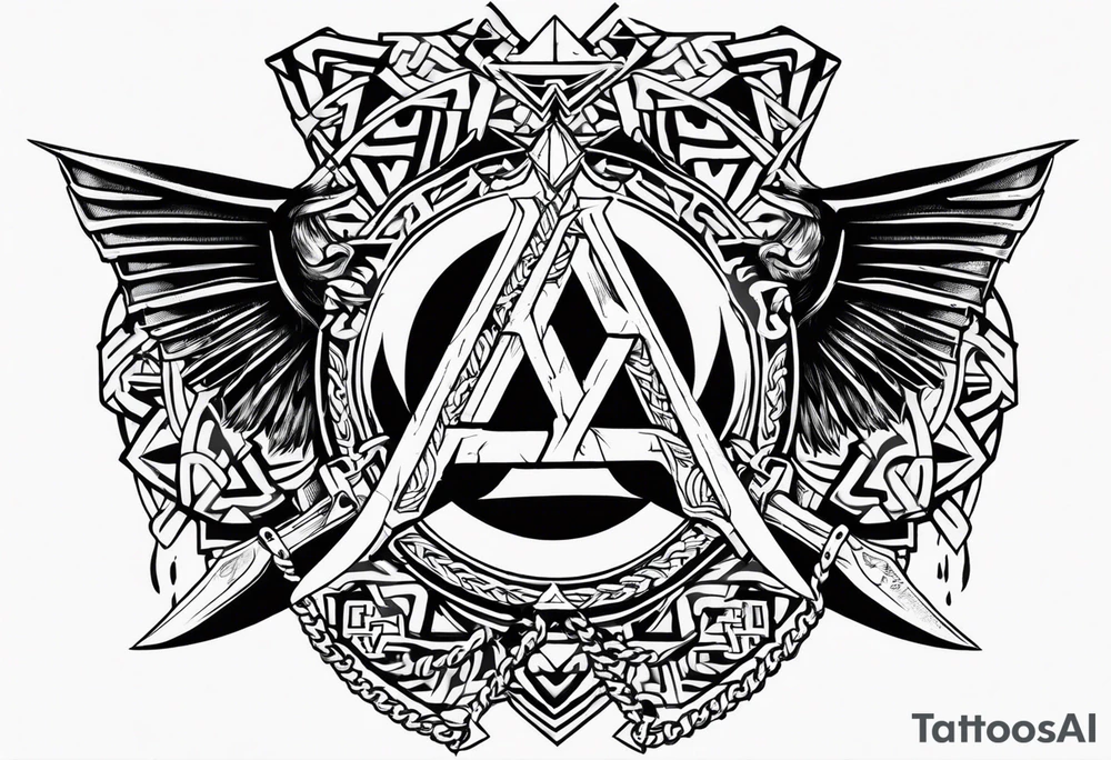 Valhalla sword shield axe Valknut chains tattoo idea