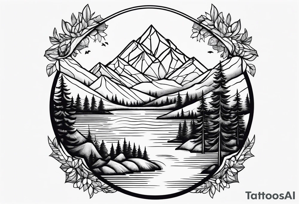 mountains, lake, road, sun tattoo idea