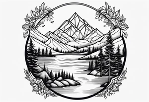 mountains, lake, road, sun tattoo idea
