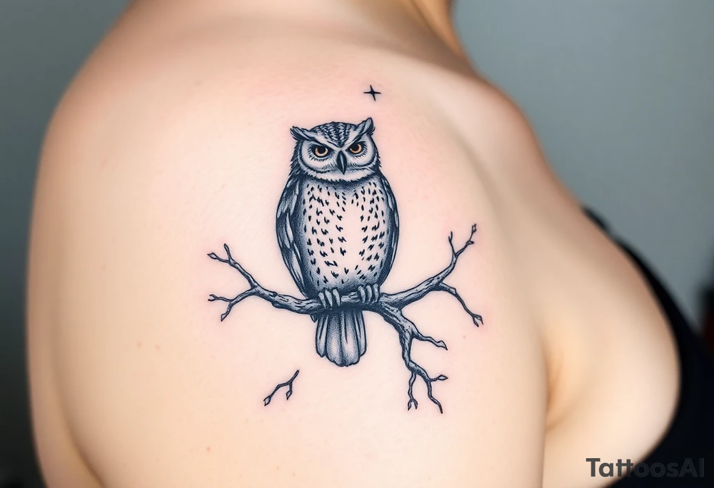 wise owl perched on ancient oak branch under starlit sky tattoo idea