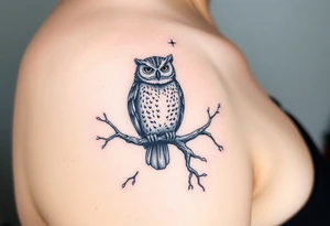 wise owl perched on ancient oak branch under starlit sky tattoo idea