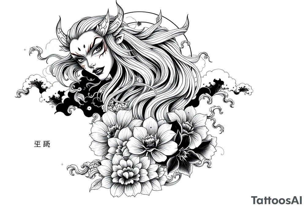 Full sleeve tattoo design for a male arm, wrapping from shoulder to wrist. Neo-Japanese style featuring a beautiful female oni (demon woman) with an elegant, mysterious expression, one hand partially covering her face, long flowing hair integrated into bold wind bars and wave patterns, large chrysanthemums and peonies weaving through the composition. Strong negative space with large black fills, bold flowing shapes, and smooth grey shading. Traditional Japanese cloud and water motifs in the background, balanced composition with the oni face as the main focal point on the upper arm, seamless flow down the arm to the wrist. High contrast black and grey, crisp linework, dynamic and dramatic. tattoo idea