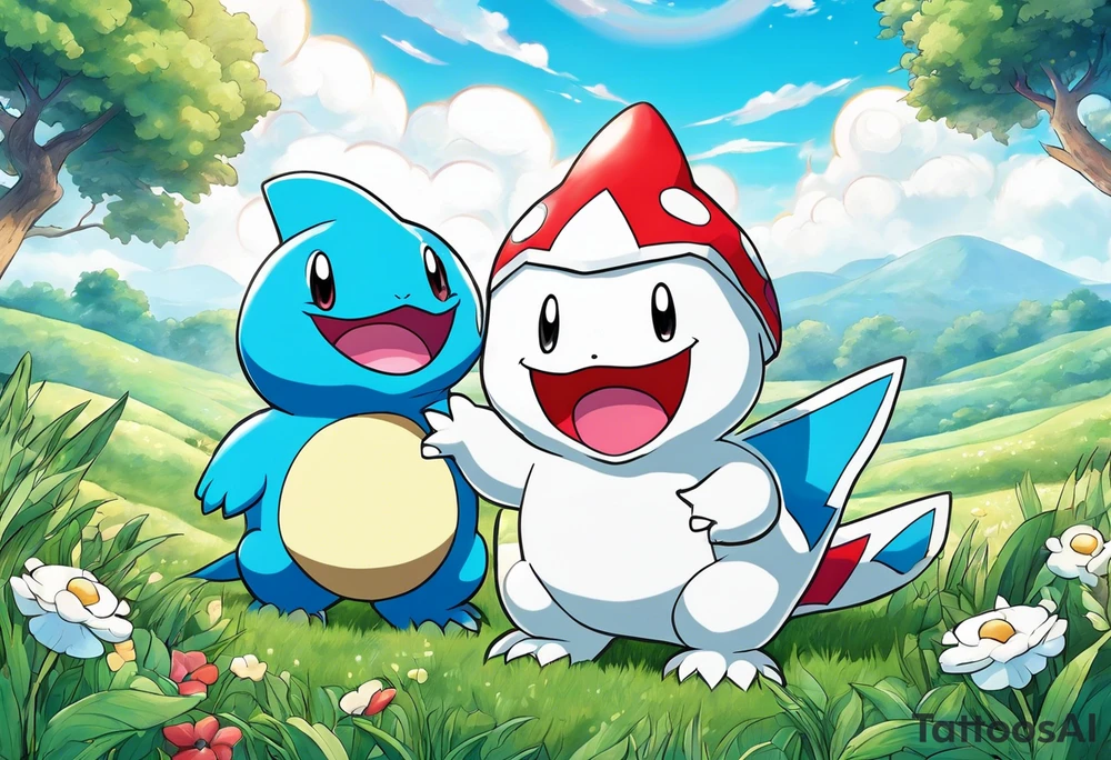 Togepi and totodile playing together in a field tattoo idea