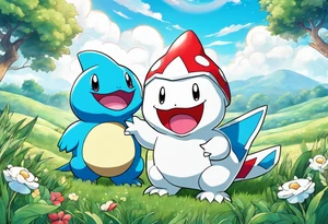 Togepi and totodile playing together in a field tattoo idea