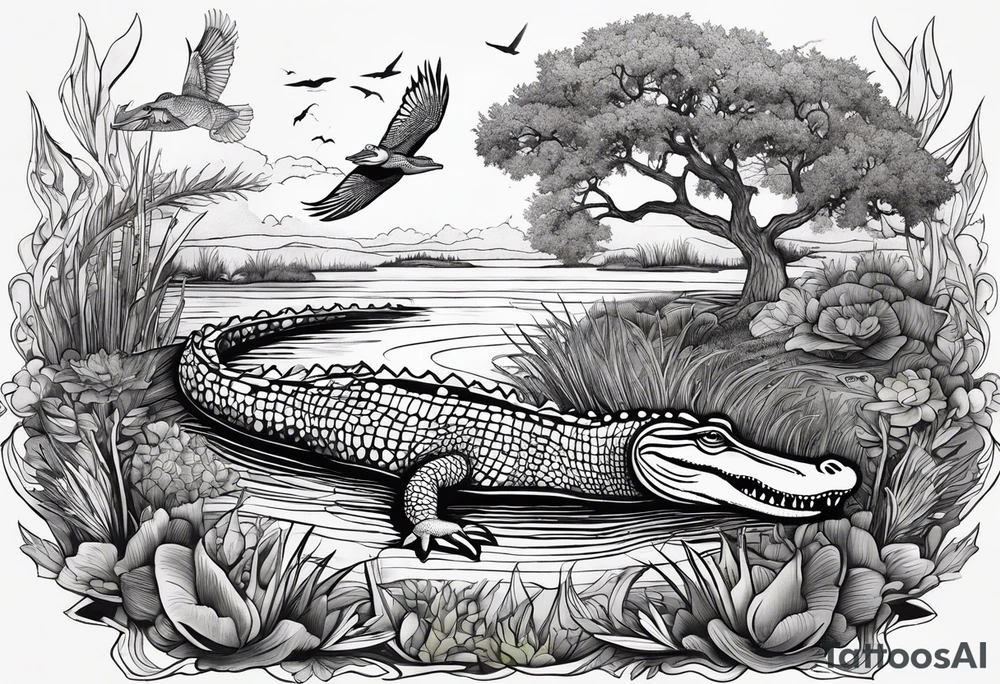 Scene live oak marsh birds alligator tattoo idea