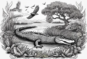 Scene live oak marsh birds alligator tattoo idea