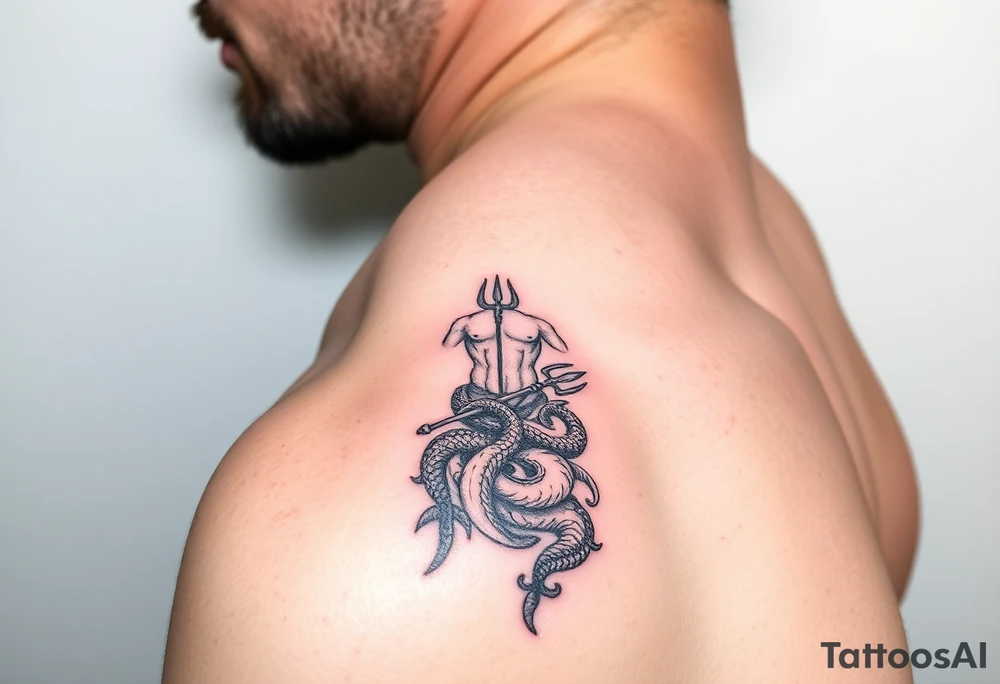Poseidon showing torso and trident and lower down sea creatures swirling around him tattoo idea