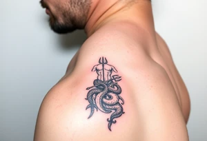 Poseidon showing torso and trident and lower down sea creatures swirling around him tattoo idea