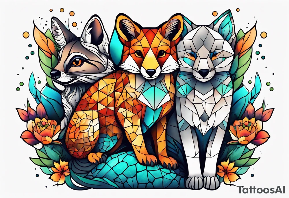 Tattoo incorporating a turtle, a fox, a koala, and a cat in one tattoo. tattoo idea