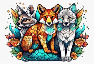 Tattoo incorporating a turtle, a fox, a koala, and a cat in one tattoo. tattoo idea