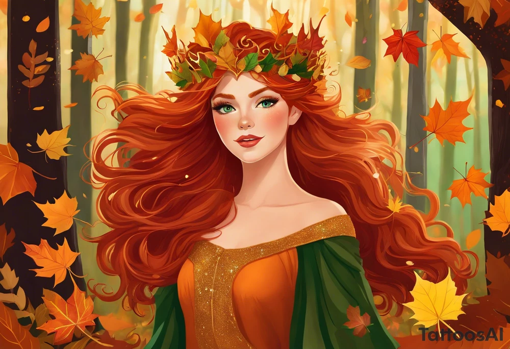 A auburn haired fairy in the middle of a forest during the peak of autumn, twirling in a whirlwind of autumn leaves. The fairy's hair is auburn with copper colors and a crown of gold, orange, and red leaves adorning her head. Her eyes are emerald green with gold flecks, ruby lips and pale skin. Her dress a coppery orange, with leaves scattered on it. The fairly is swirling in a pile of leaves with arms raised high tattoo idea