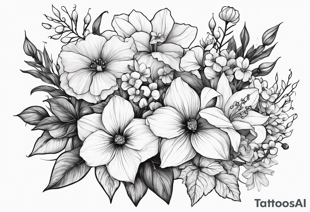 Floral Bouquet with blue hydrangea, Gladiolus, Poppy, Daisy, Sweet Pea, Narcissus, Poinsettia, and Holly tattoo idea