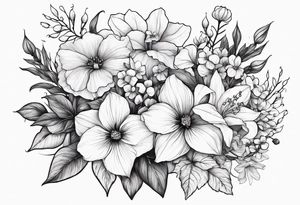 Floral Bouquet with blue hydrangea, Gladiolus, Poppy, Daisy, Sweet Pea, Narcissus, Poinsettia, and Holly tattoo idea