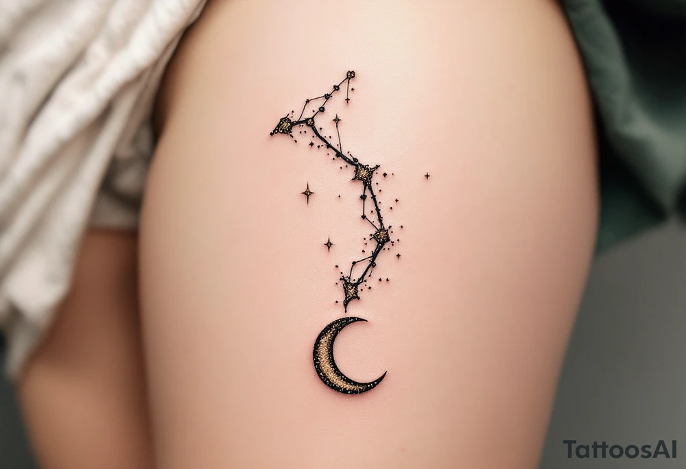 A Sagittarius constellation formed by sparkling dots of gold ink with a black crescent moon hanging below. tattoo idea