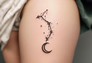 A Sagittarius constellation formed by sparkling dots of gold ink with a black crescent moon hanging below. tattoo idea