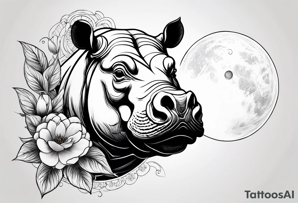 Very asymmetrical, +geometric pattern, with realistic full moon, with seeious looking hippo, +zen feel, + Buddhism touch,
with wintersweet flower bud, +portrait orientation, +inkart touch, tattoo idea