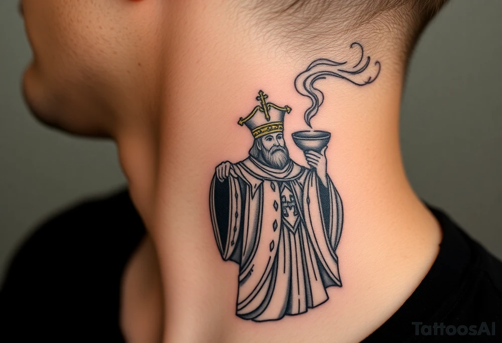 A Russian Orthodox Priest in full gold vestments swinging a censer with smoke curling upward tattoo idea