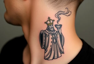 A Russian Orthodox Priest in full gold vestments swinging a censer with smoke curling upward tattoo idea