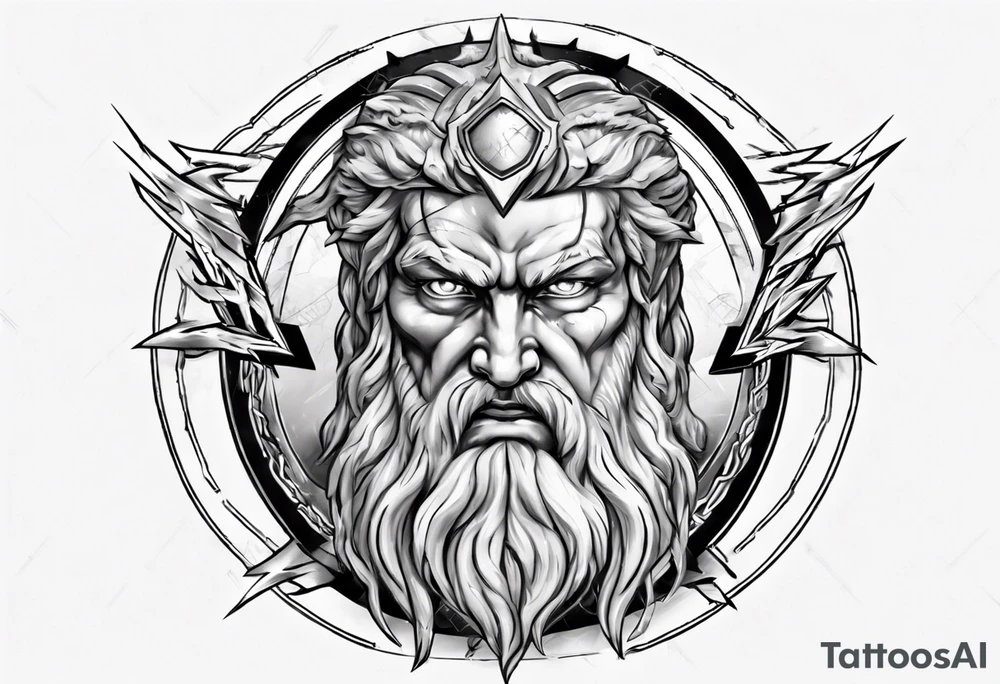 zeus with lightnings coming out of the eyes with spartan shield in background tattoo idea
