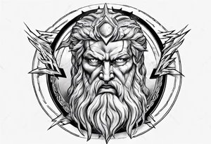zeus with lightnings coming out of the eyes with spartan shield in background tattoo idea