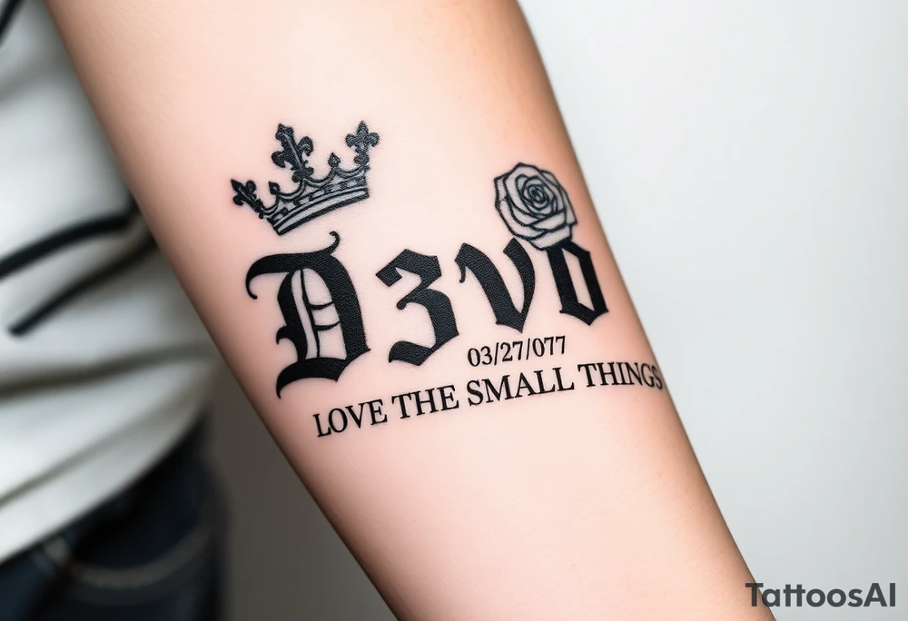 Name D3von with a crown and rose and cross and 03/27/07 and it says under all LOVE THE SMALL THINGS tattoo idea