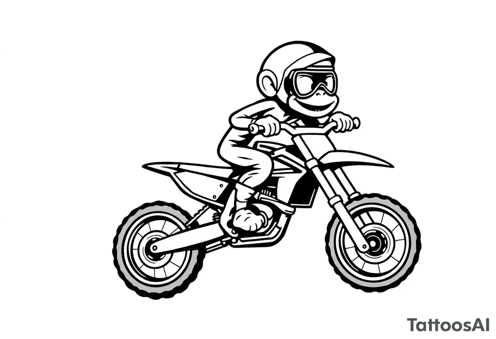 Cartoon monkey with helmet and goggles on a dirtbike doing a wheelie tattoo idea