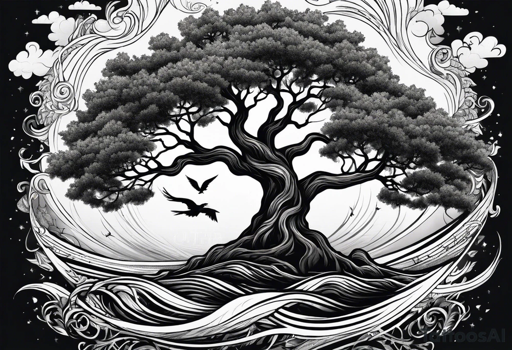 tall oak tree with roots growing around calming waves and a phoenix for forearm tattoo idea
