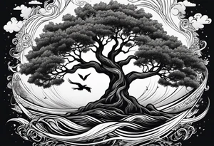 tall oak tree with roots growing around calming waves and a phoenix for forearm tattoo idea