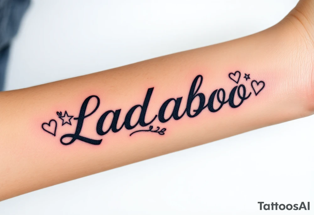 The name Ladaboo with stars and hearts around the name tattoo idea